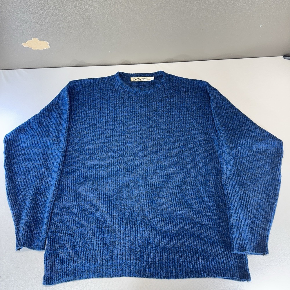 Vintage Le Tigre Shaker Sweater Mens 3XL Tall Crewneck Blue Black Chunky Knit
